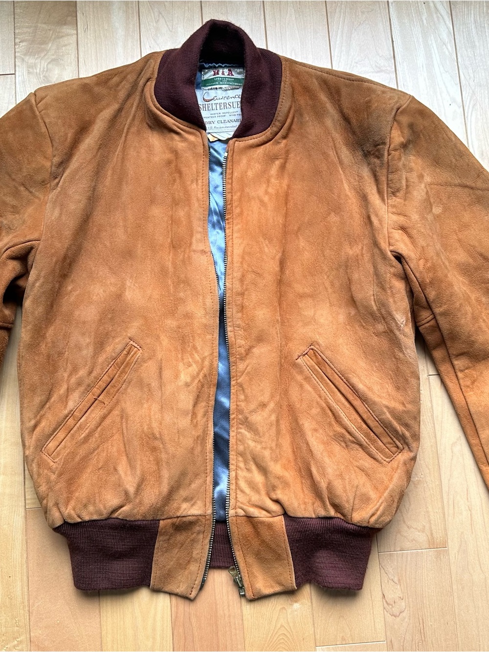 Lawrence Unisex Vintage Tan Suede Bomber Jacket with Brown Trim